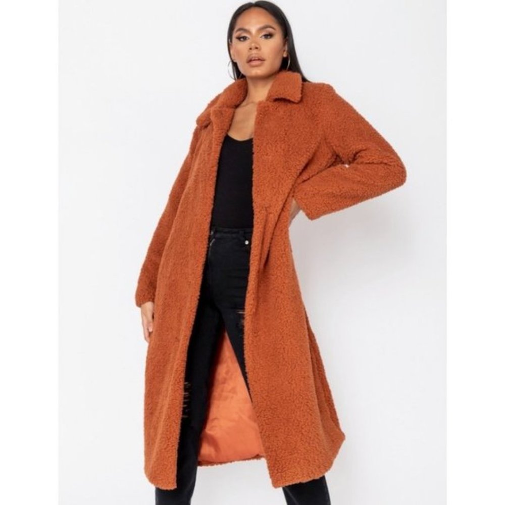 Rust Long Sleeve Oversized Long Maxi Teddy Bear Fur Coat - Picture 6 of 9